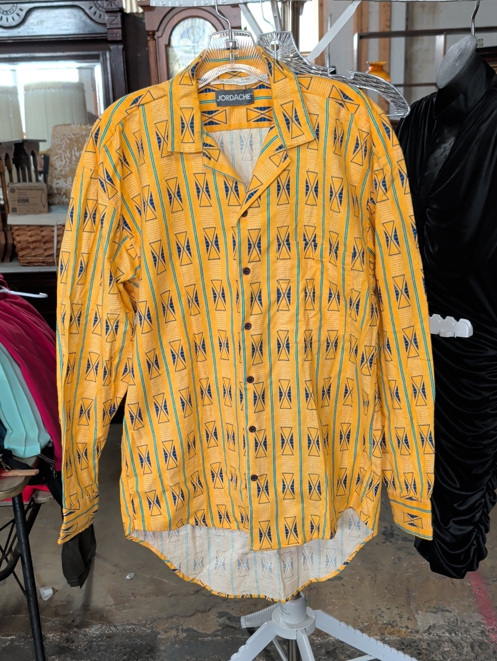 Vintage 90s Jordache Yellow Geometric Aztec Print Long-Sleeve Button-Down Shirt